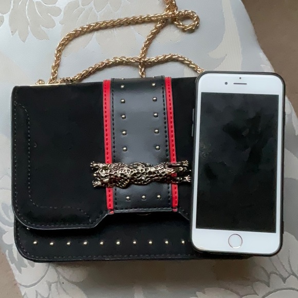 Topshop leopard clasp black crossbody bag with gold chain - Picture 6 of 6